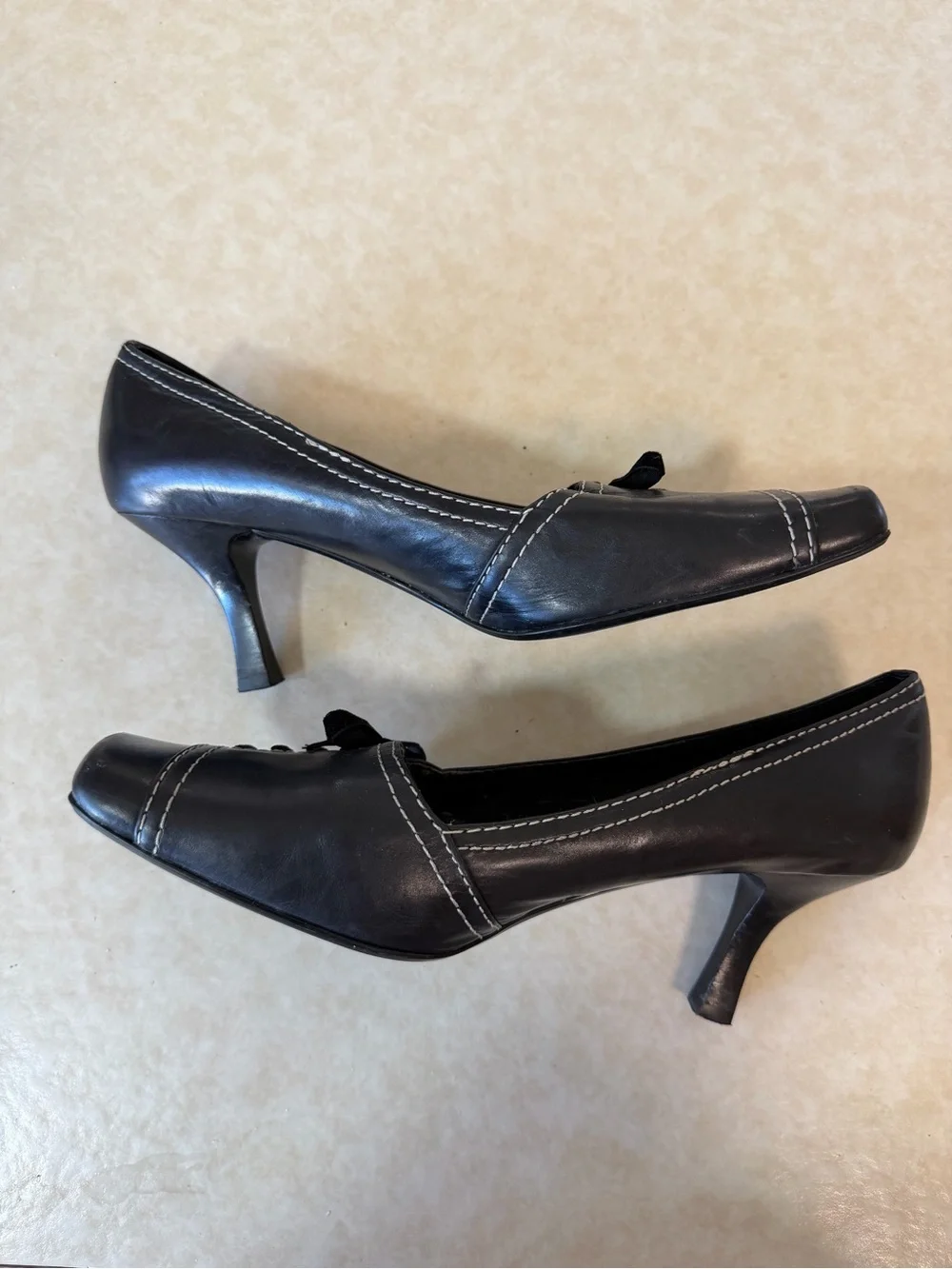 Franco Sarto Black Leather Square-Toe Pump with Bow